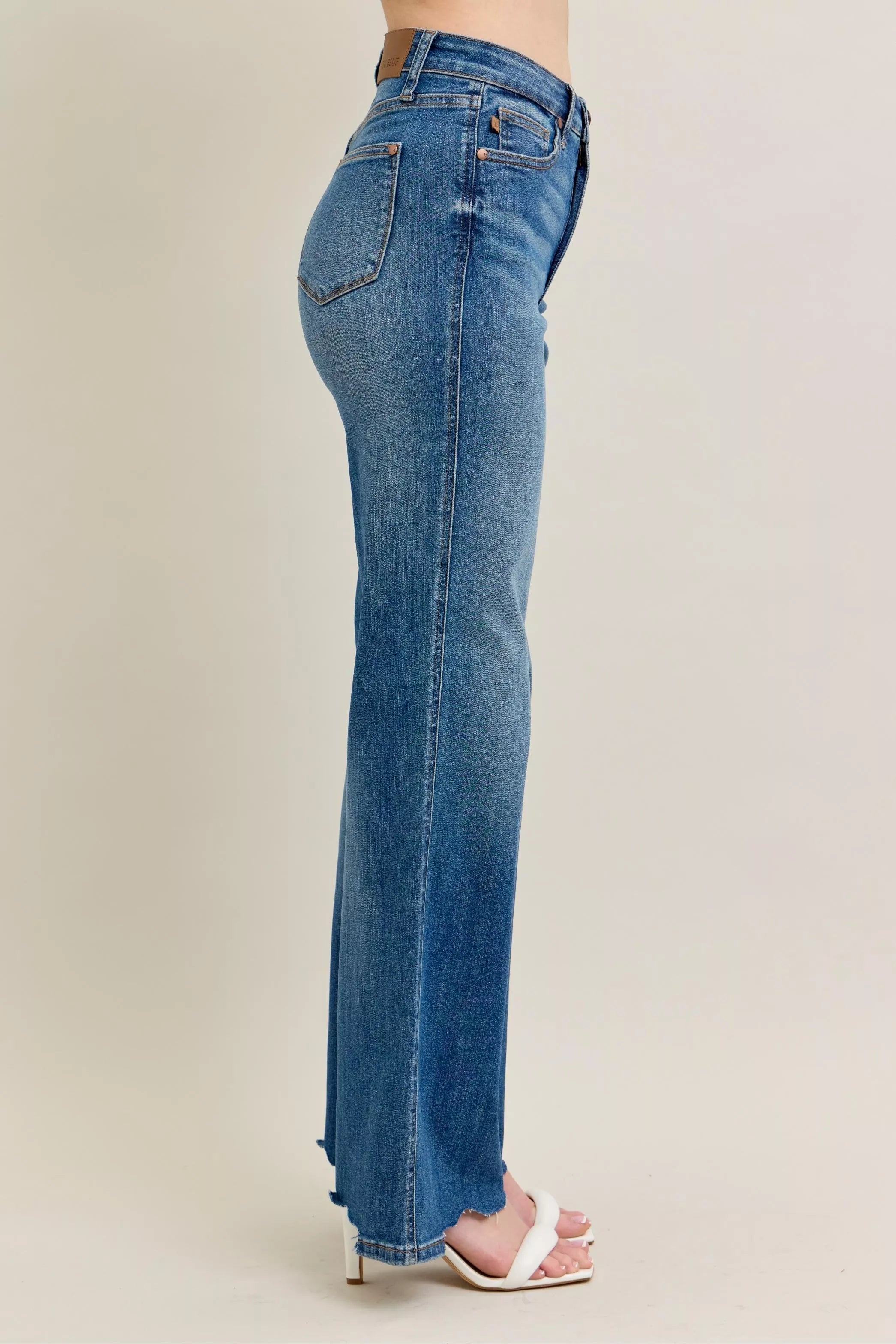 Judy Blue Full Size High Waist Tummy Control Chew Hem Destroy Wide Jeans | Includes Plus Size
