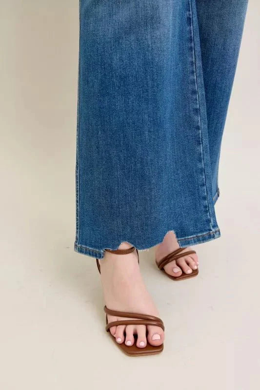 Judy Blue Full Size High Waist Tummy Control Chew Hem Destroy Wide Jeans | Includes Plus Size