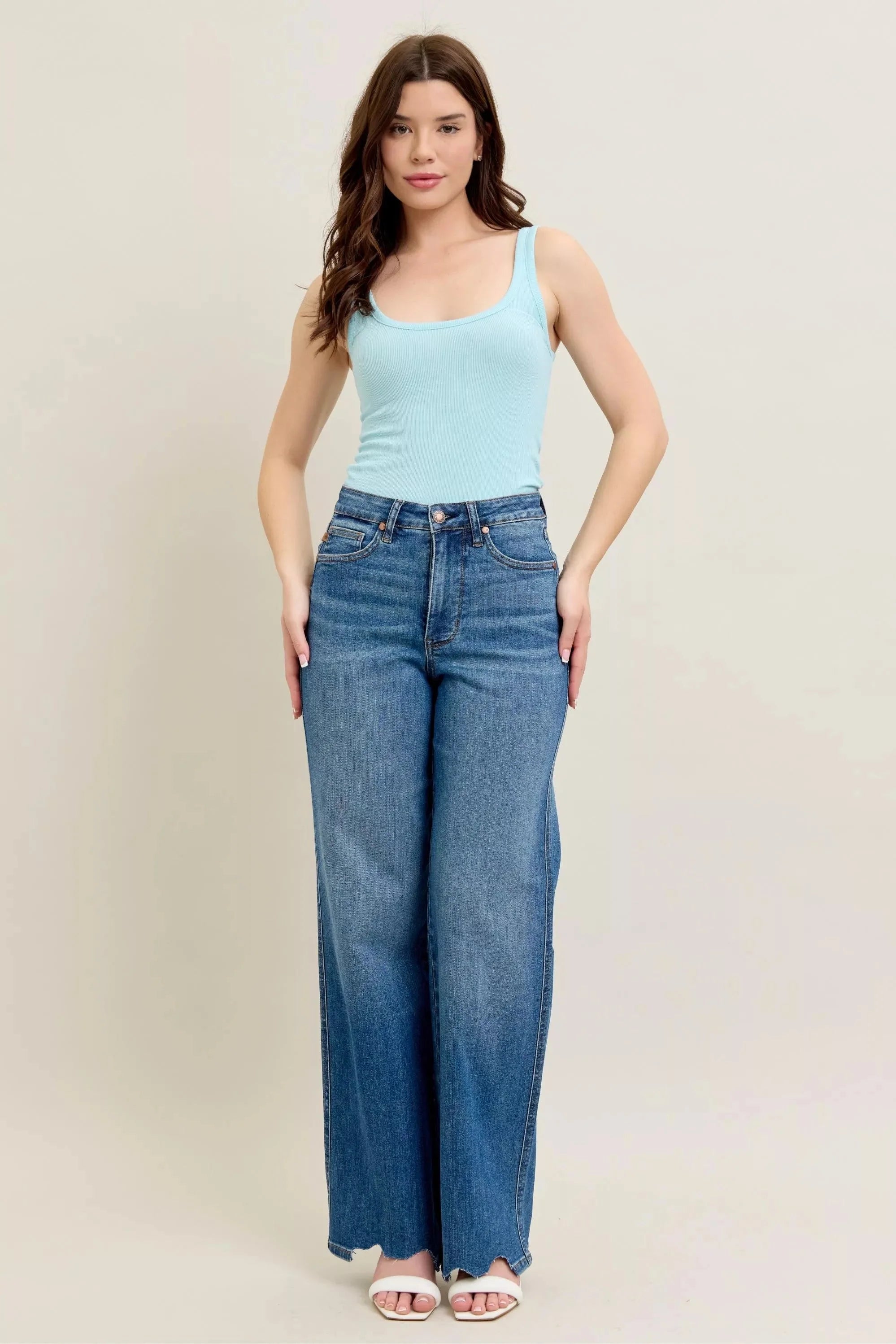 Judy Blue Full Size High Waist Tummy Control Chew Hem Destroy Wide Jeans | Includes Plus Size