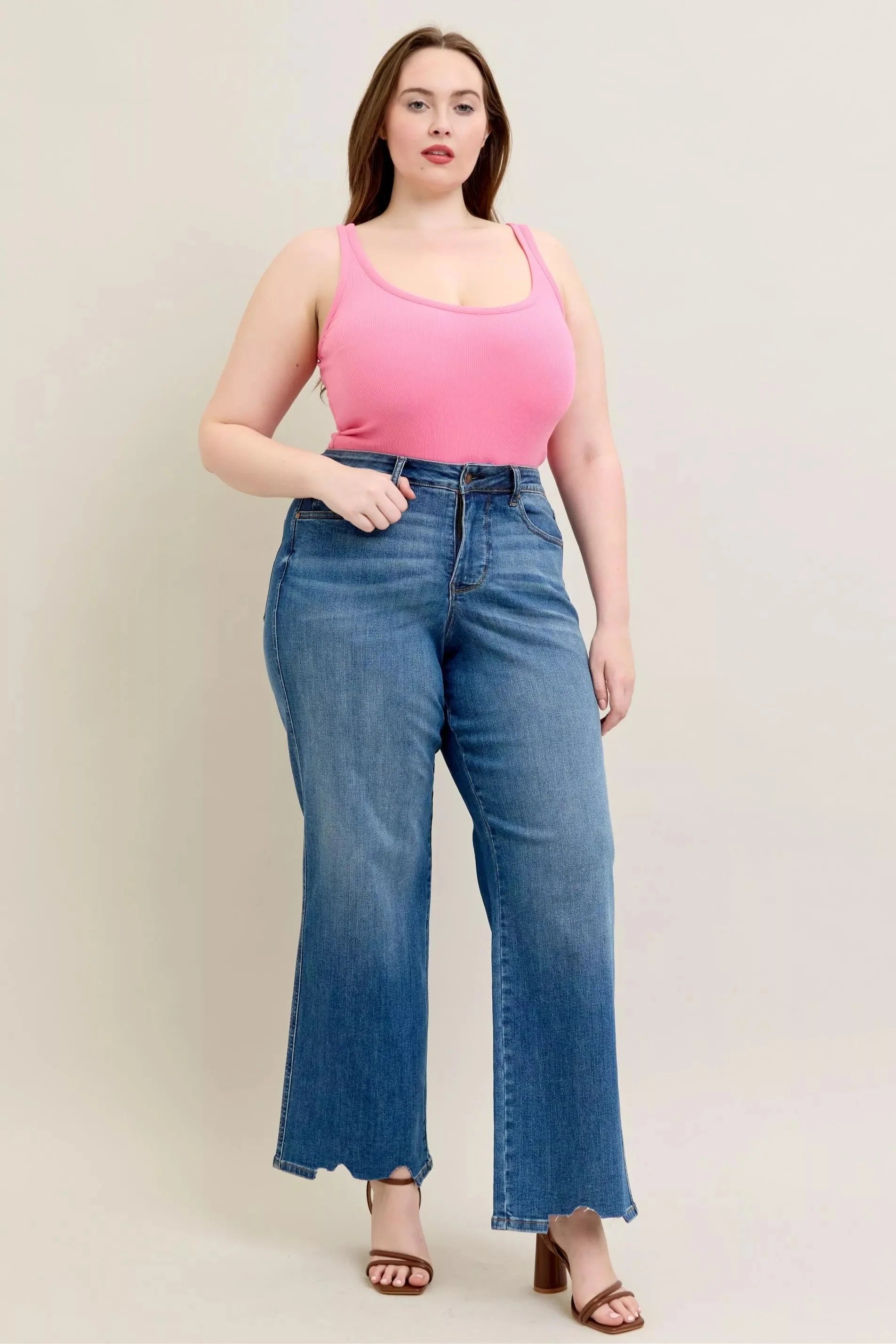 Judy Blue Full Size High Waist Tummy Control Chew Hem Destroy Wide Jeans | Includes Plus Size