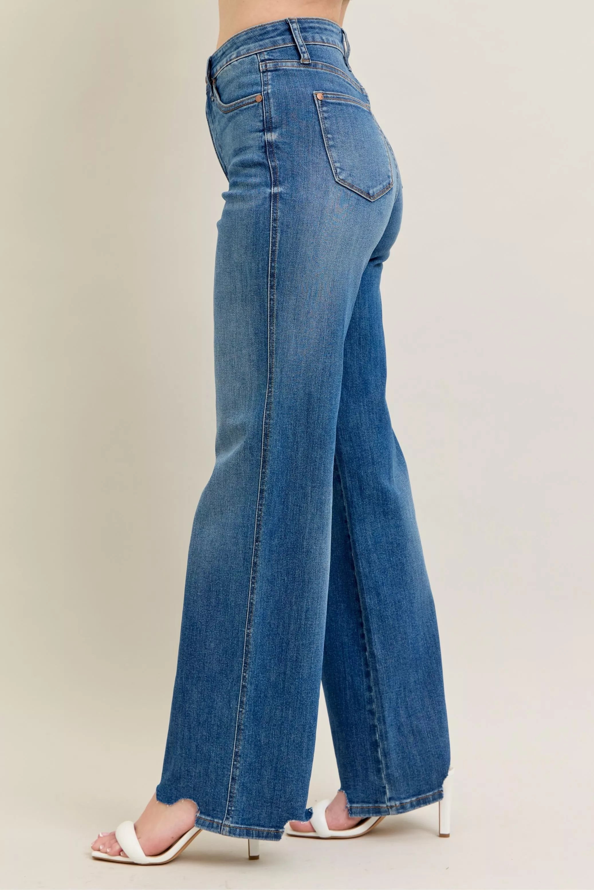 Judy Blue Full Size High Waist Tummy Control Chew Hem Destroy Wide Jeans | Includes Plus Size