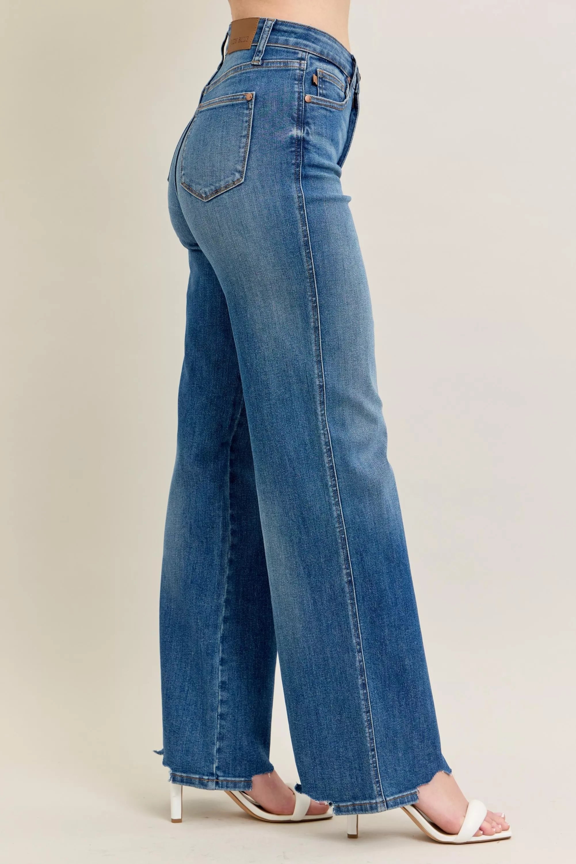 Judy Blue Full Size High Waist Tummy Control Chew Hem Destroy Wide Jeans | Includes Plus Size