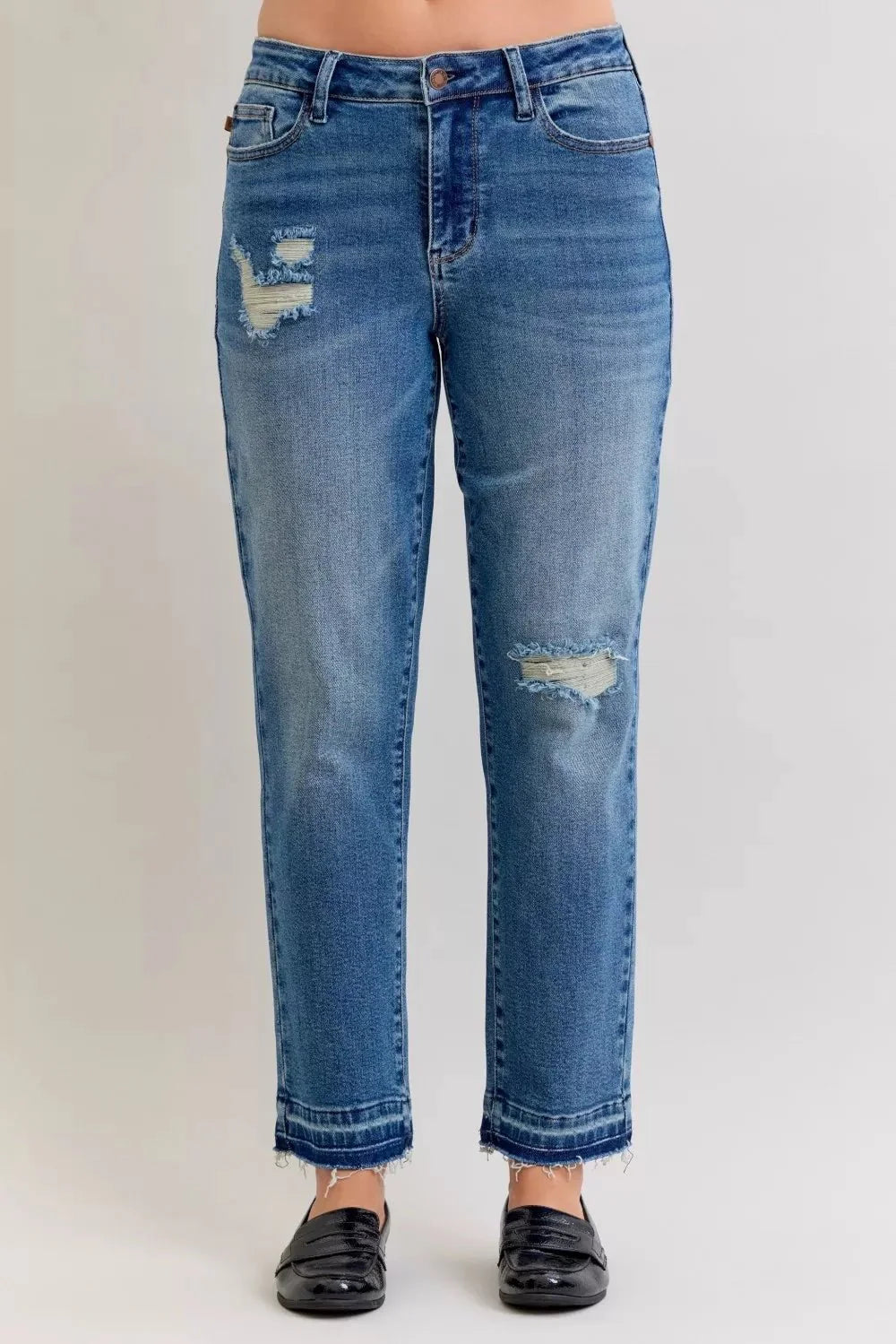 Judy Blue Full Size Mid Rise Bf Patch & Repair Destroy Release Hem Jeans | Includes Plus Size