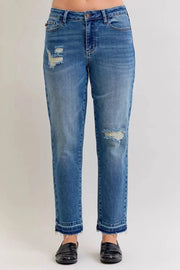 Judy Blue Full Size Mid Rise Bf Patch & Repair Destroy Release Hem Jeans | Includes Plus Size