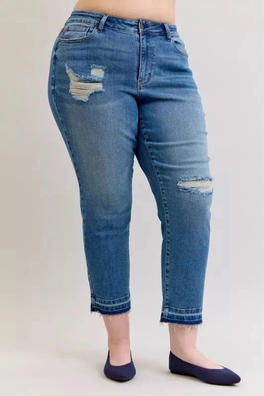 Judy Blue Full Size Mid Rise Bf Patch & Repair Destroy Release Hem Jeans | Includes Plus Size