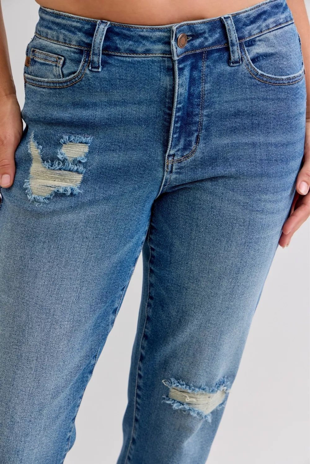 Judy Blue Full Size Mid Rise Bf Patch & Repair Destroy Release Hem Jeans | Includes Plus Size
