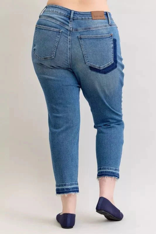 Judy Blue Full Size Mid Rise Bf Patch & Repair Destroy Release Hem Jeans | Includes Plus Size