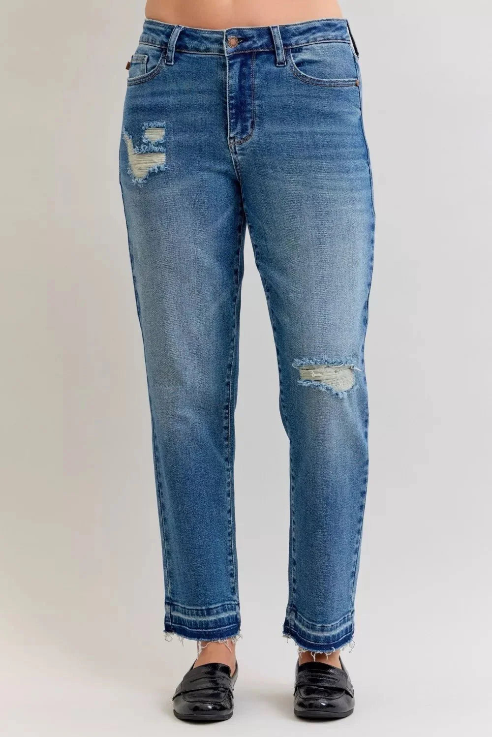 Judy Blue Full Size Mid Rise Bf Patch & Repair Destroy Release Hem Jeans | Includes Plus Size