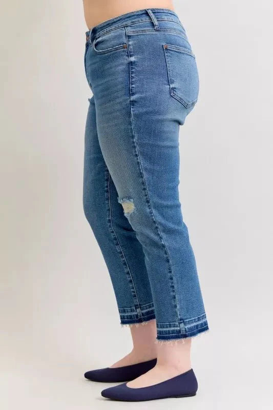 Judy Blue Full Size Mid Rise Bf Patch & Repair Destroy Release Hem Jeans | Includes Plus Size