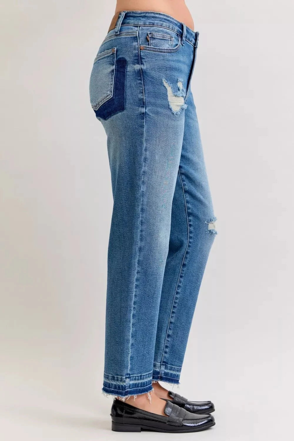 Judy Blue Full Size Mid Rise Bf Patch & Repair Destroy Release Hem Jeans | Includes Plus Size