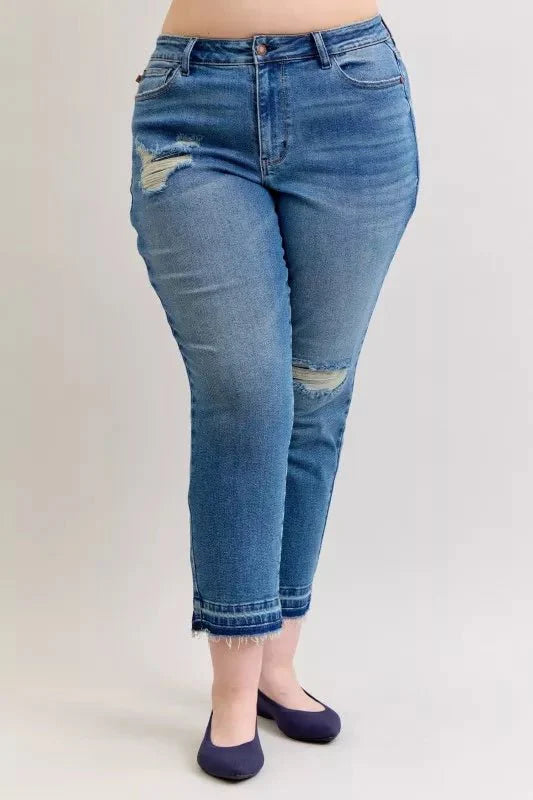 Judy Blue Full Size Mid Rise Bf Patch & Repair Destroy Release Hem Jeans | Includes Plus Size