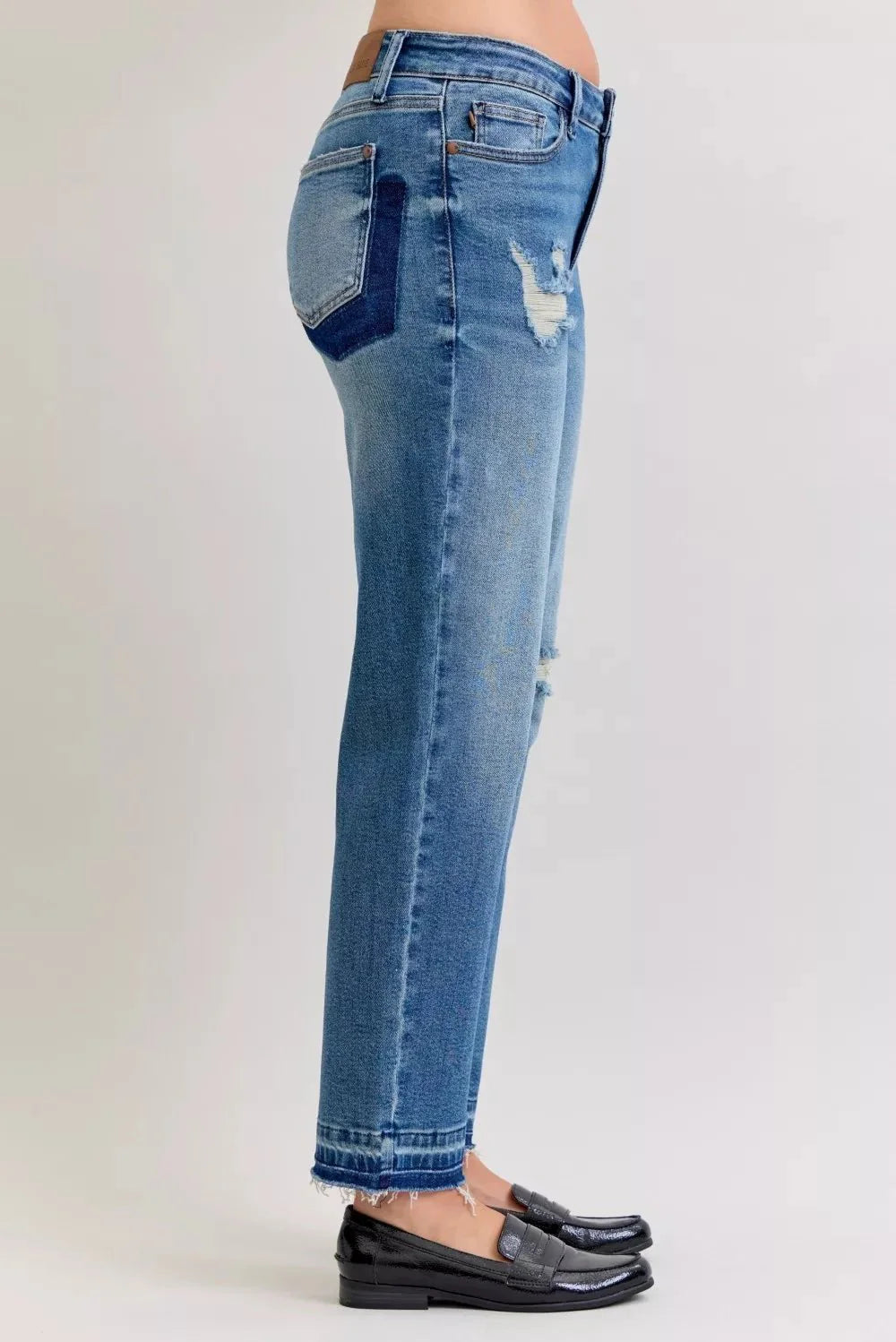 Judy Blue Full Size Mid Rise Bf Patch & Repair Destroy Release Hem Jeans | Includes Plus Size