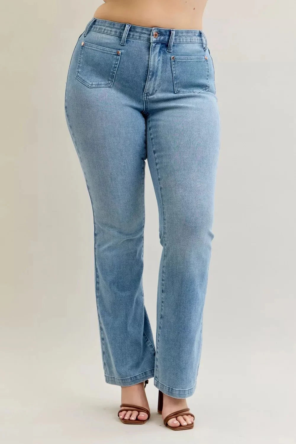 Judy Blue Full Size Mid Rise Bootcut Jeans With Contrast Wash & Front Patch Pockets | Includes Plus Size