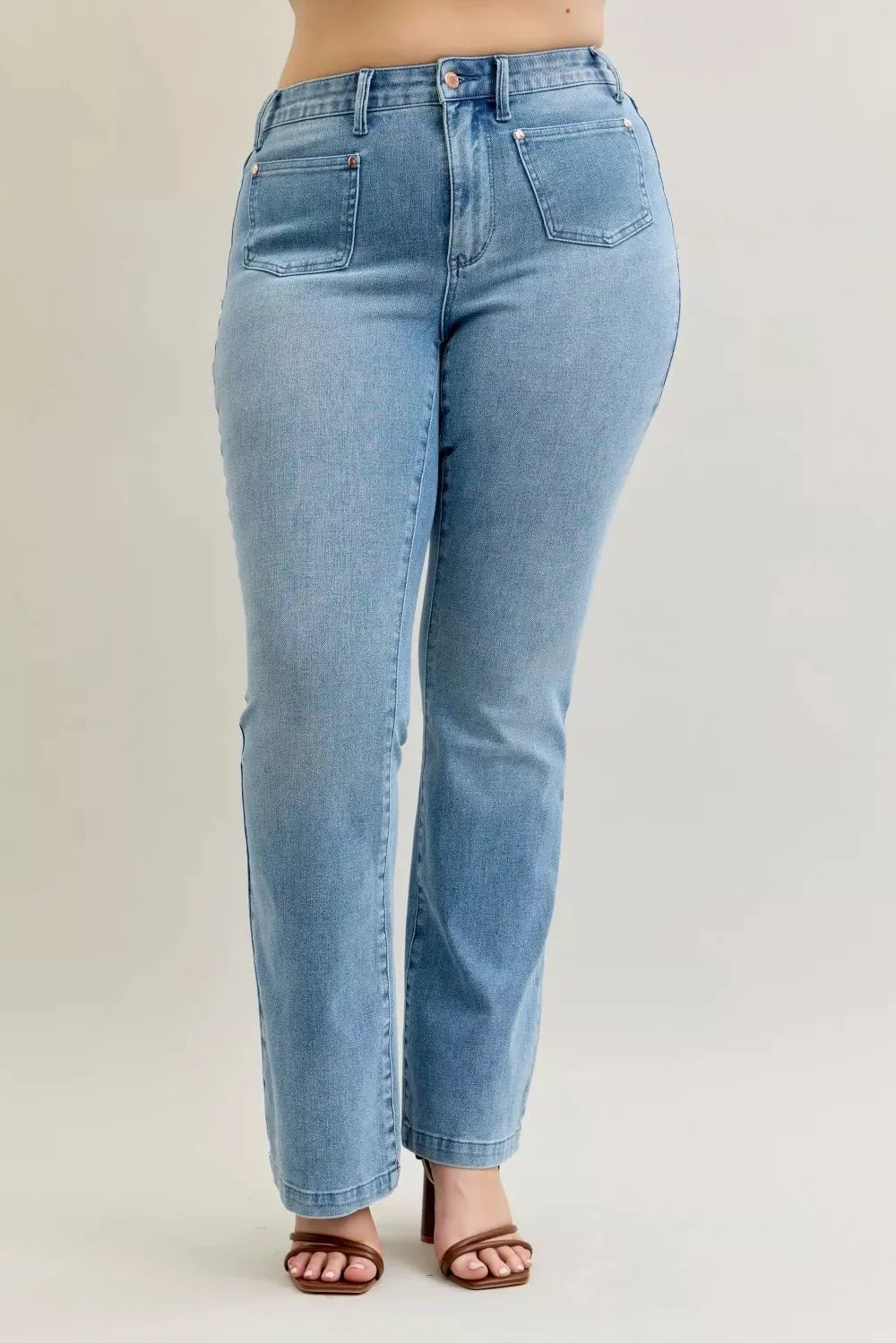 Judy Blue Full Size Mid Rise Bootcut Jeans With Contrast Wash & Front Patch Pockets | Includes Plus Size