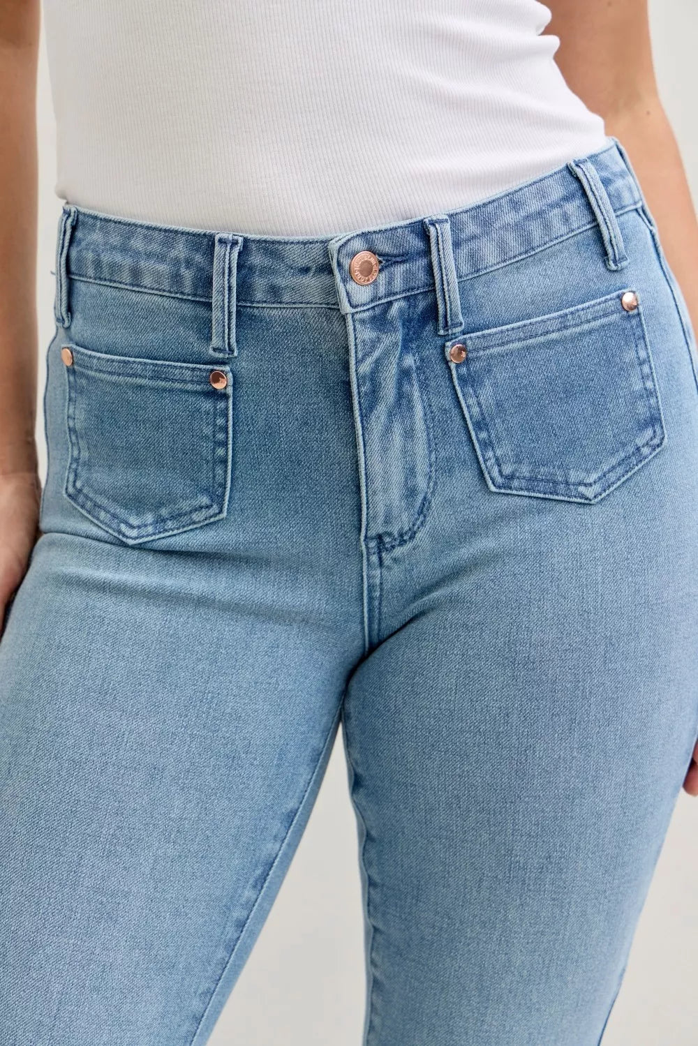 Judy Blue Full Size Mid Rise Bootcut Jeans With Contrast Wash & Front Patch Pockets | Includes Plus Size