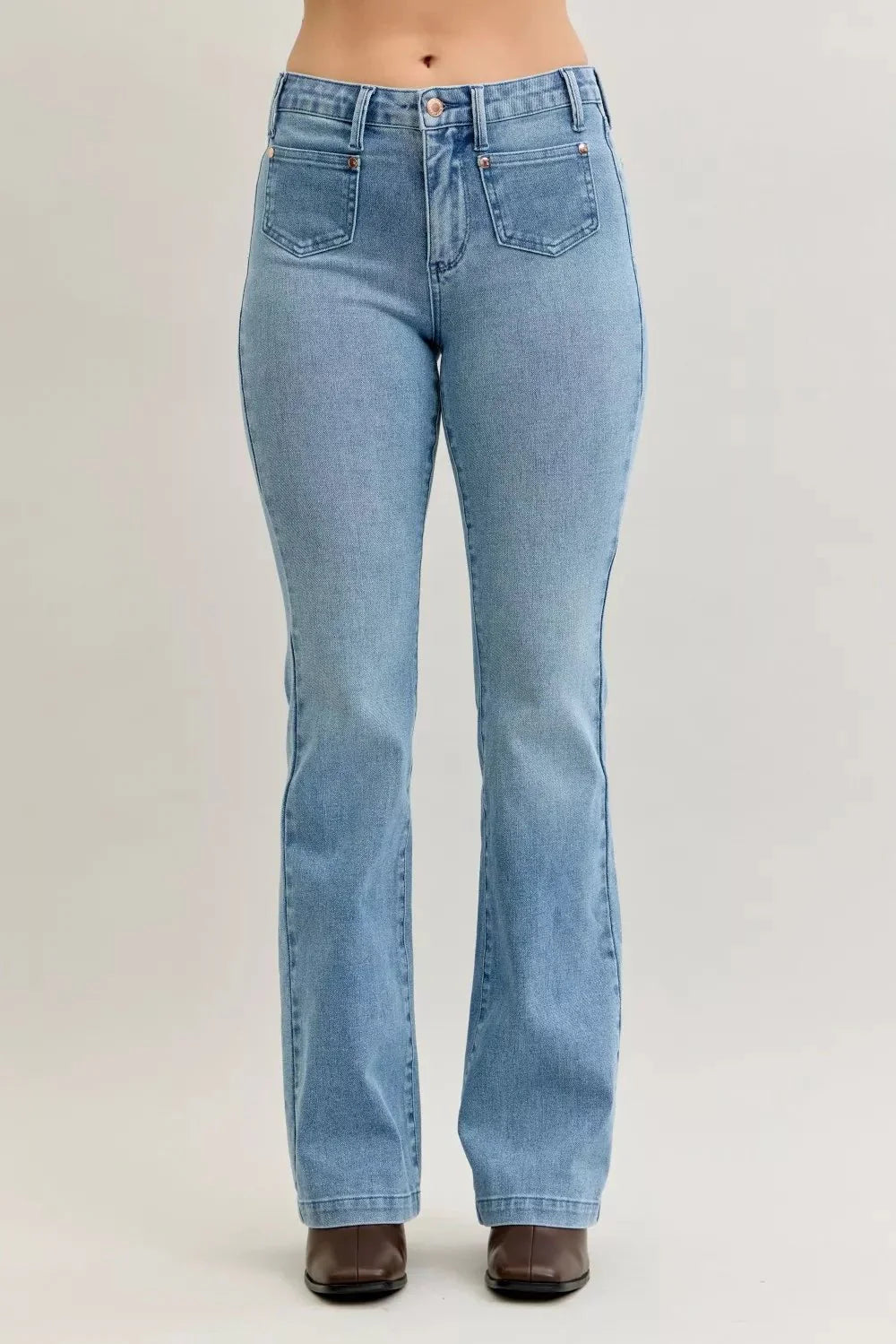 Judy Blue Full Size Mid Rise Bootcut Jeans With Contrast Wash & Front Patch Pockets | Includes Plus Size