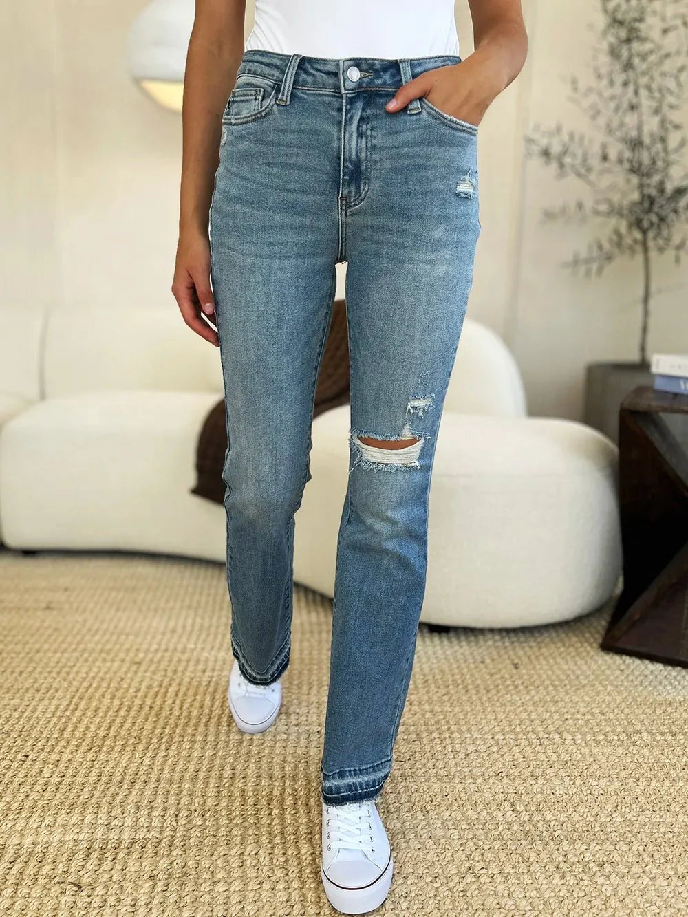 Judy Blue Full Size Mid Rise Destroyed Hem Distressed Jeans | Includes Plus Size