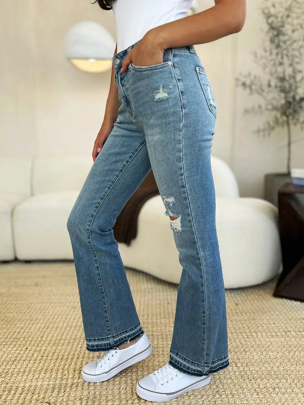 Judy Blue Full Size Mid Rise Destroyed Hem Distressed Jeans | Includes Plus Size
