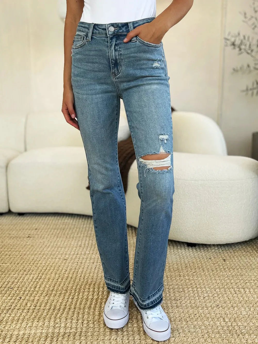 Judy Blue Full Size Mid Rise Destroyed Hem Distressed Jeans | Includes Plus Size
