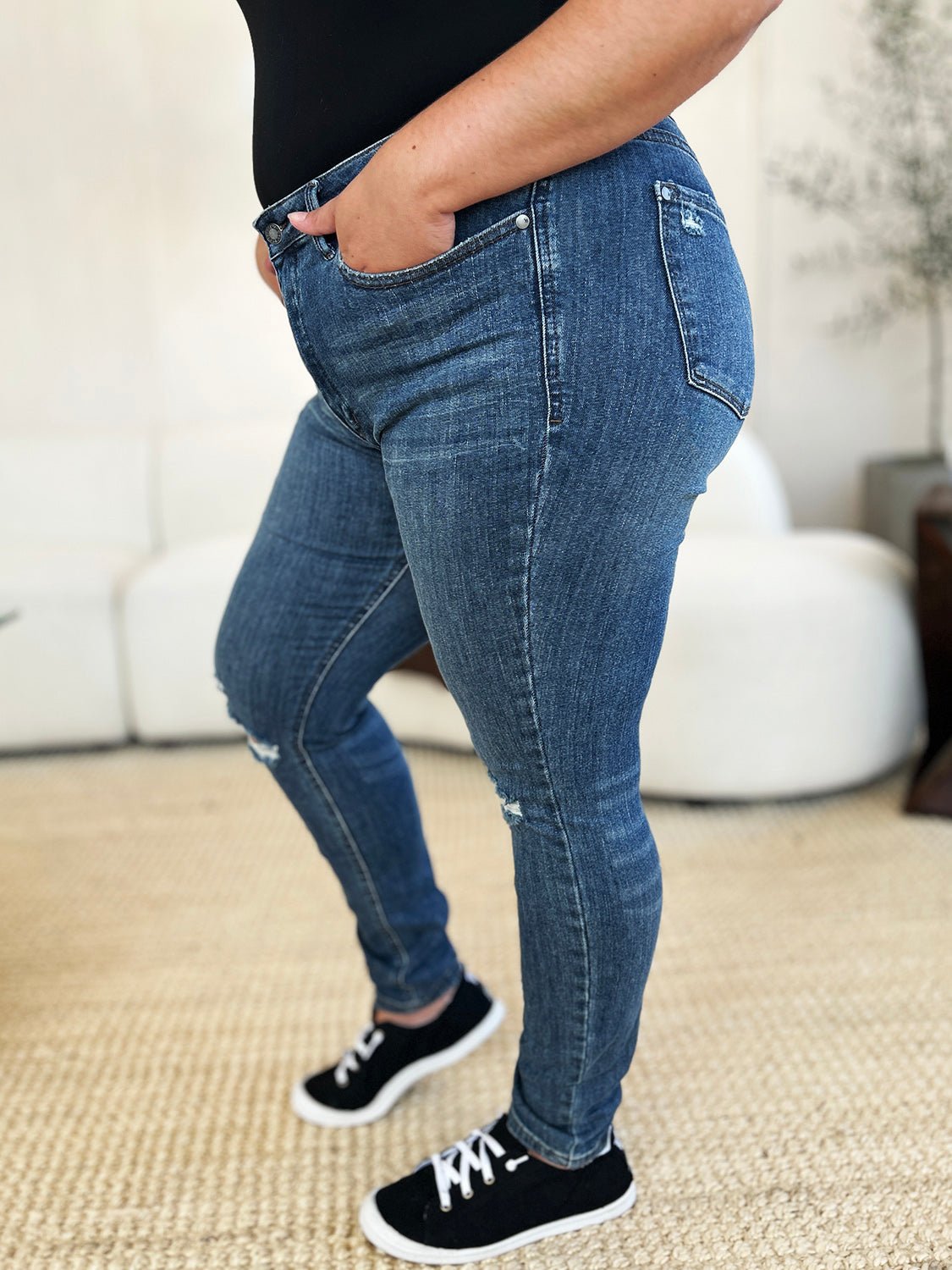 Judy Blue Full Size Mid Waist Distressed Slim Jeans | Includes Plus Size
