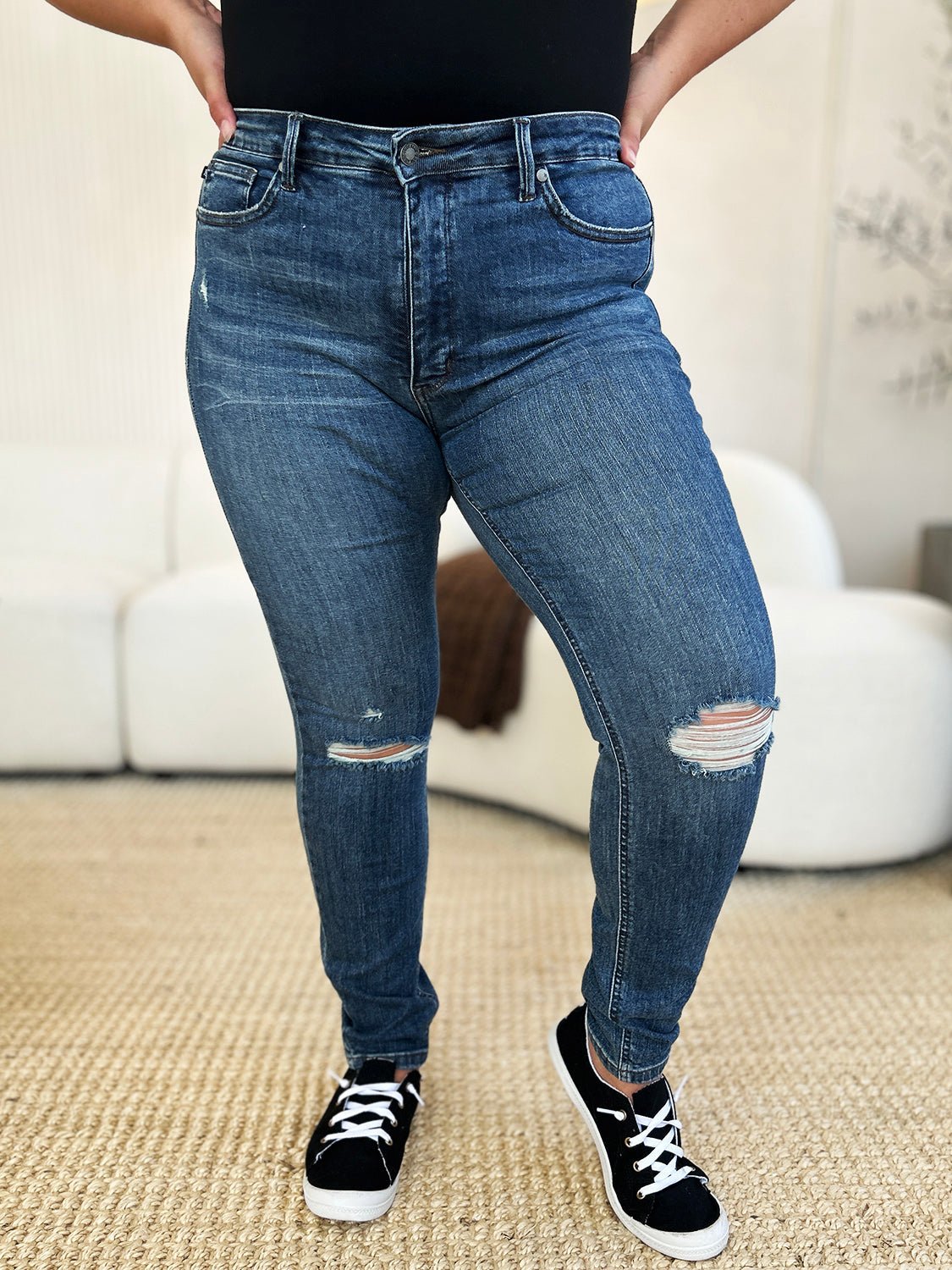Judy Blue Full Size Mid Waist Distressed Slim Jeans | Includes Plus Size