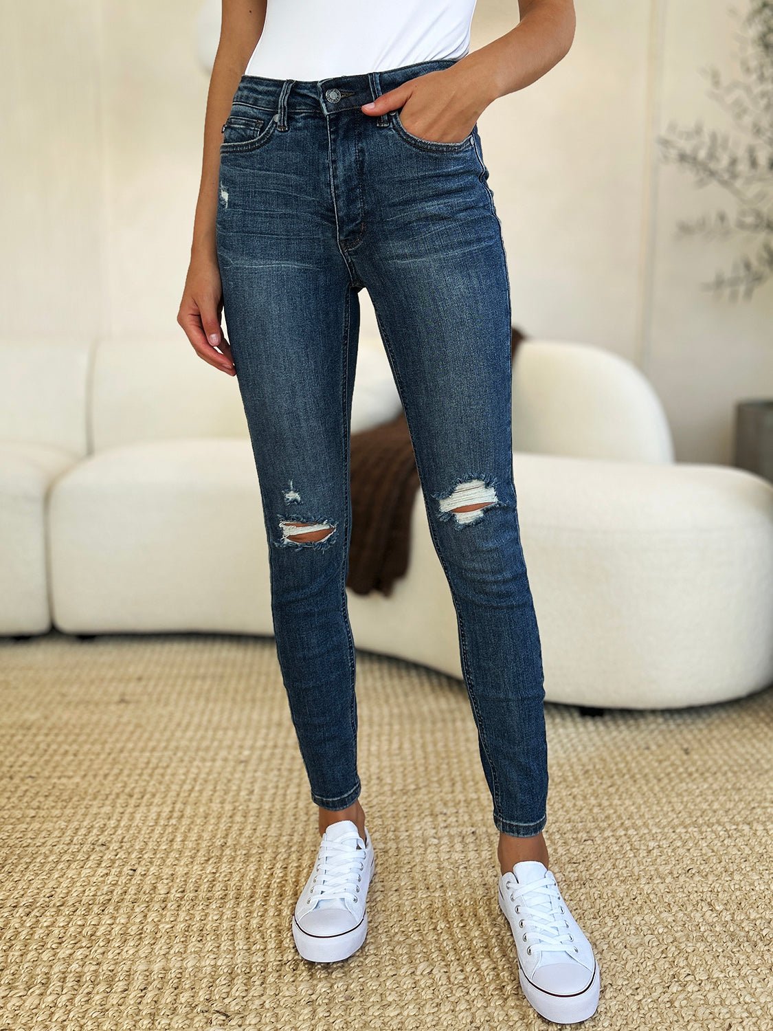 Judy Blue Full Size Mid Waist Distressed Slim Jeans | Includes Plus Size