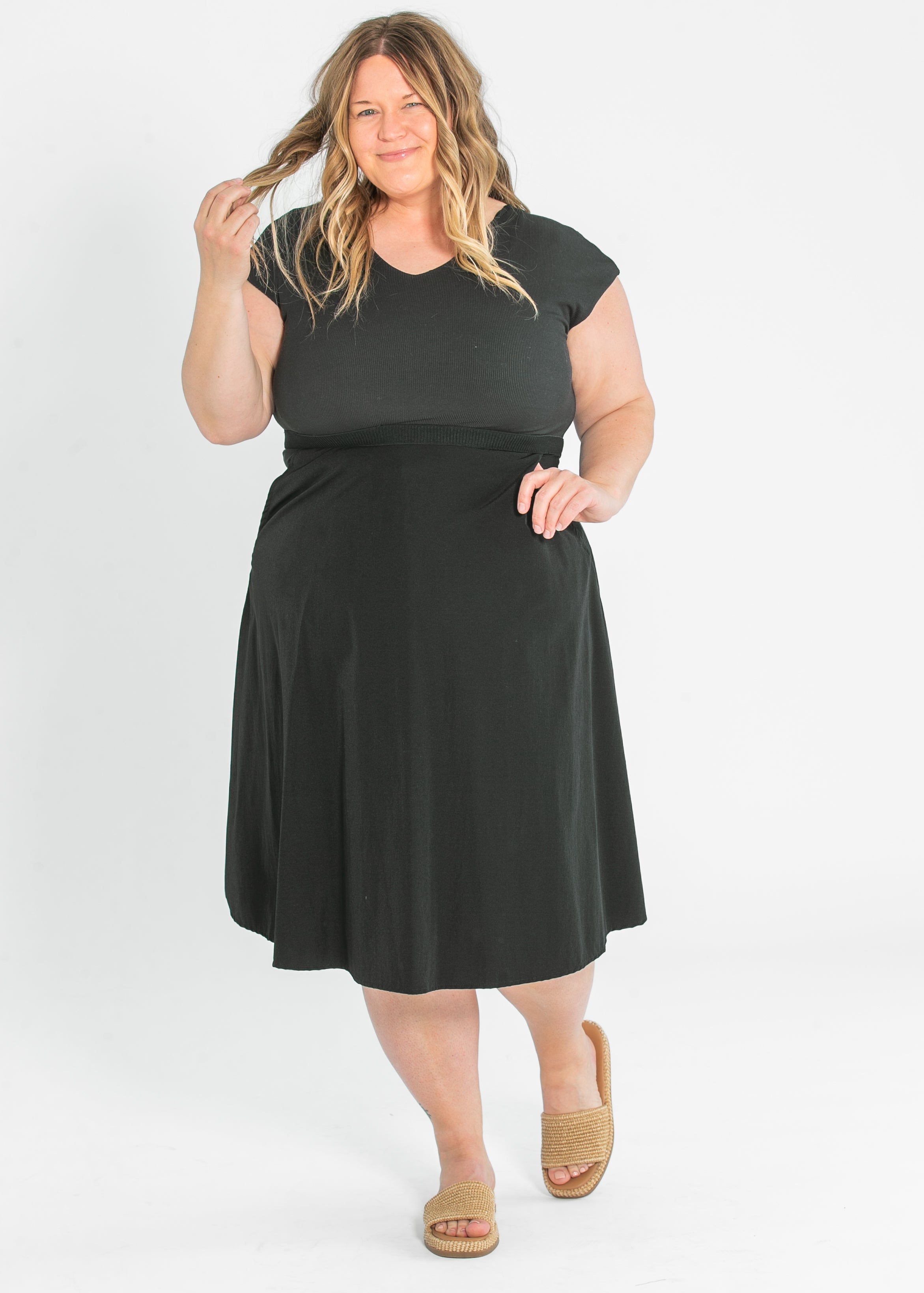 Kate Black Cap Sleeve Midi Dress
