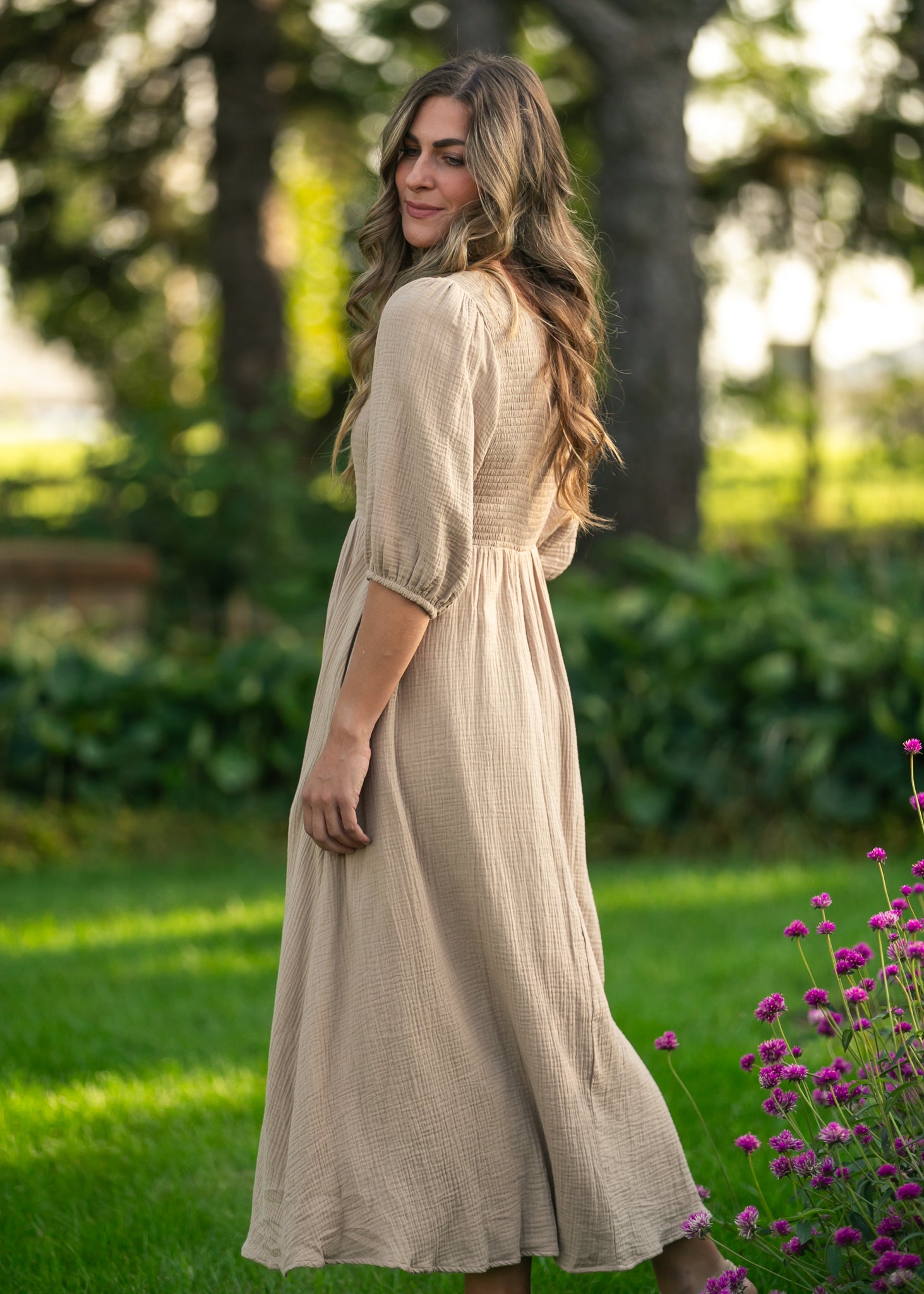 gauze dresses for women Cotton Dress W/ Ruched Chest Made from 100% organic cotton gauze Kayleen Tan Smocked Bodice Gauze