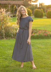 Lily Navy Gauze Belted Midi Dress
