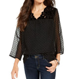 Style & Co Women's Mixed-Media Sheer-Sleeve Blouse Black Size Medium