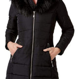 Maralyn & Me Juniors' Women's Faux-Faux-Trim Hooded Puffer Coat Black Size Small