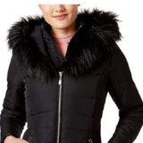Maralyn & Me Juniors' Women's Faux-Faux-Trim Hooded Puffer Coat Black Size Small
