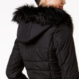 Maralyn & Me Juniors' Hooded Faux-Fur-Trim Puffer Coat Black Size Small