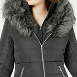 Maralyn & Me Women's Hooded Faux-Faux-Trim Puffer Coat Charcoal Size Extra Small