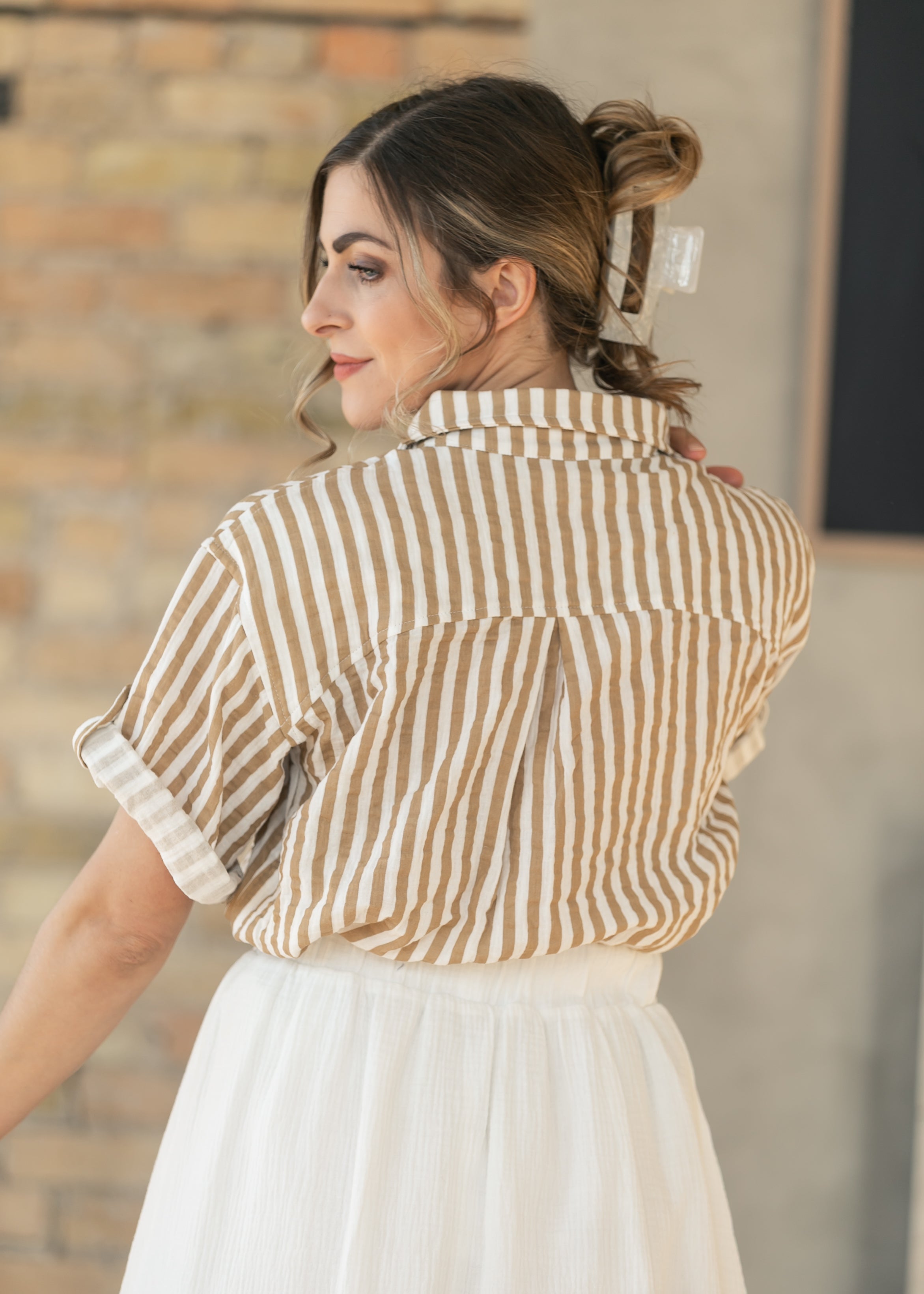 Marlaina Cotton Gauze Striped Button Up Top