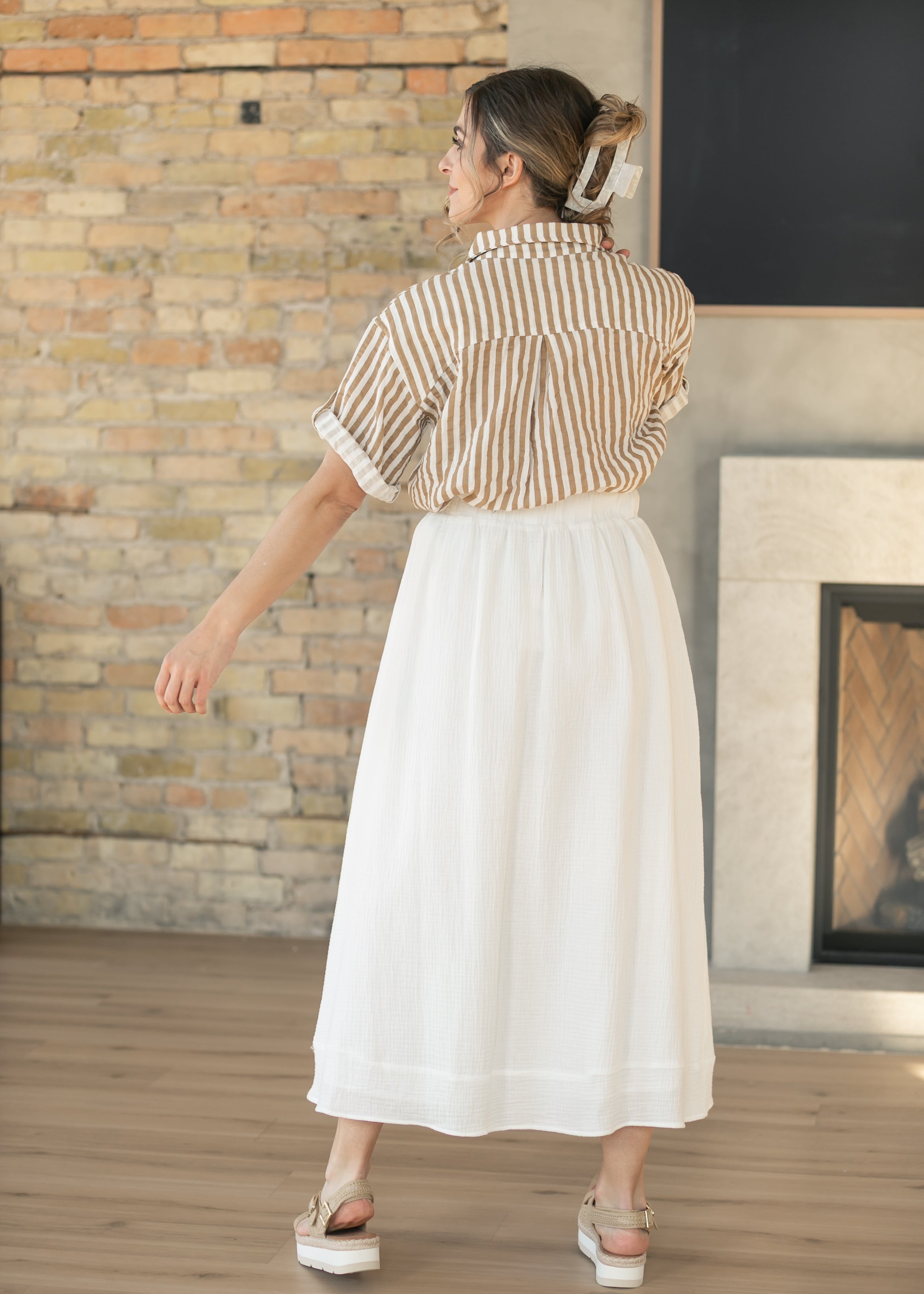 Marlaina Cotton Gauze Striped Button Up Top
