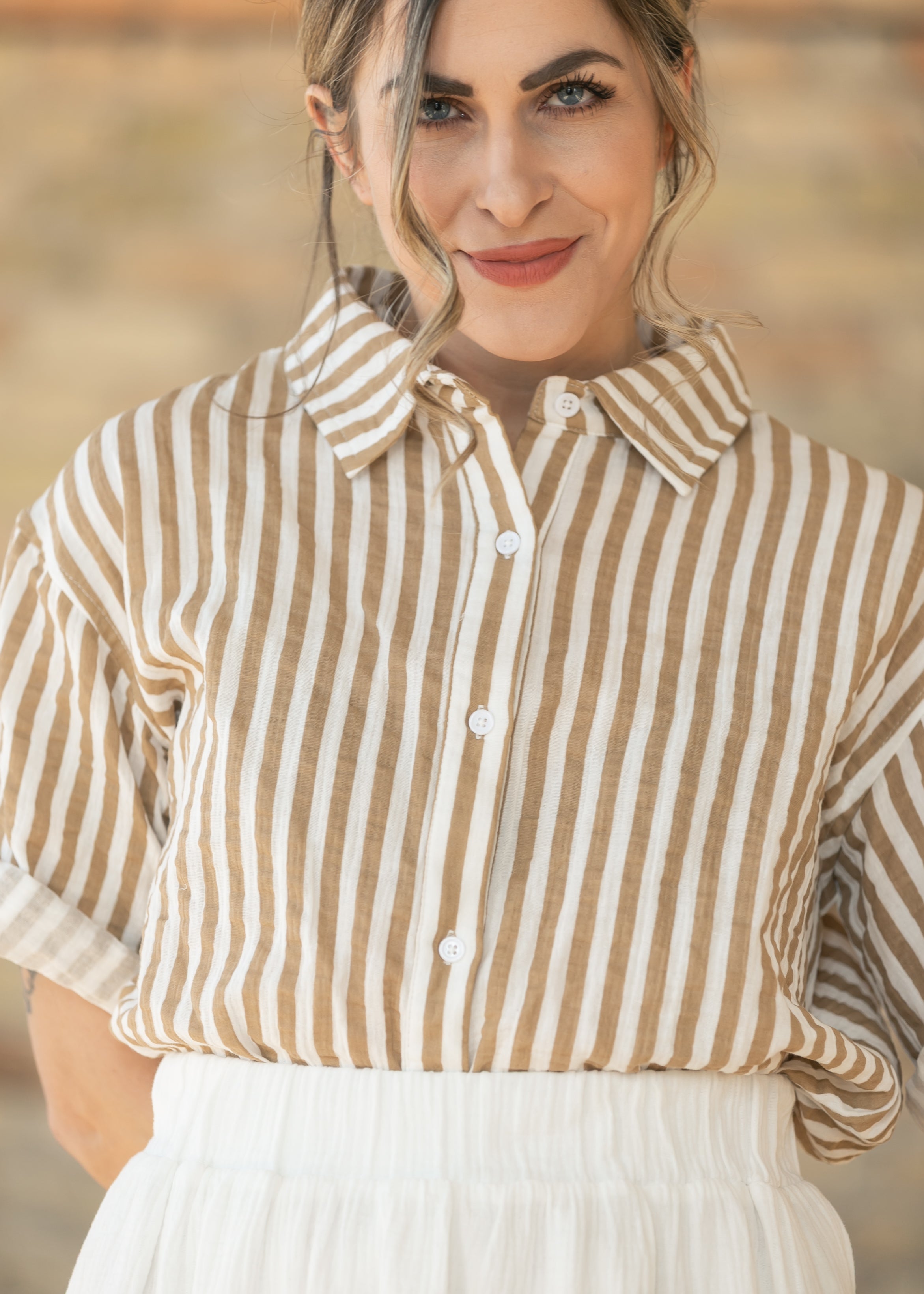 Marlaina Cotton Gauze Striped Button Up Top