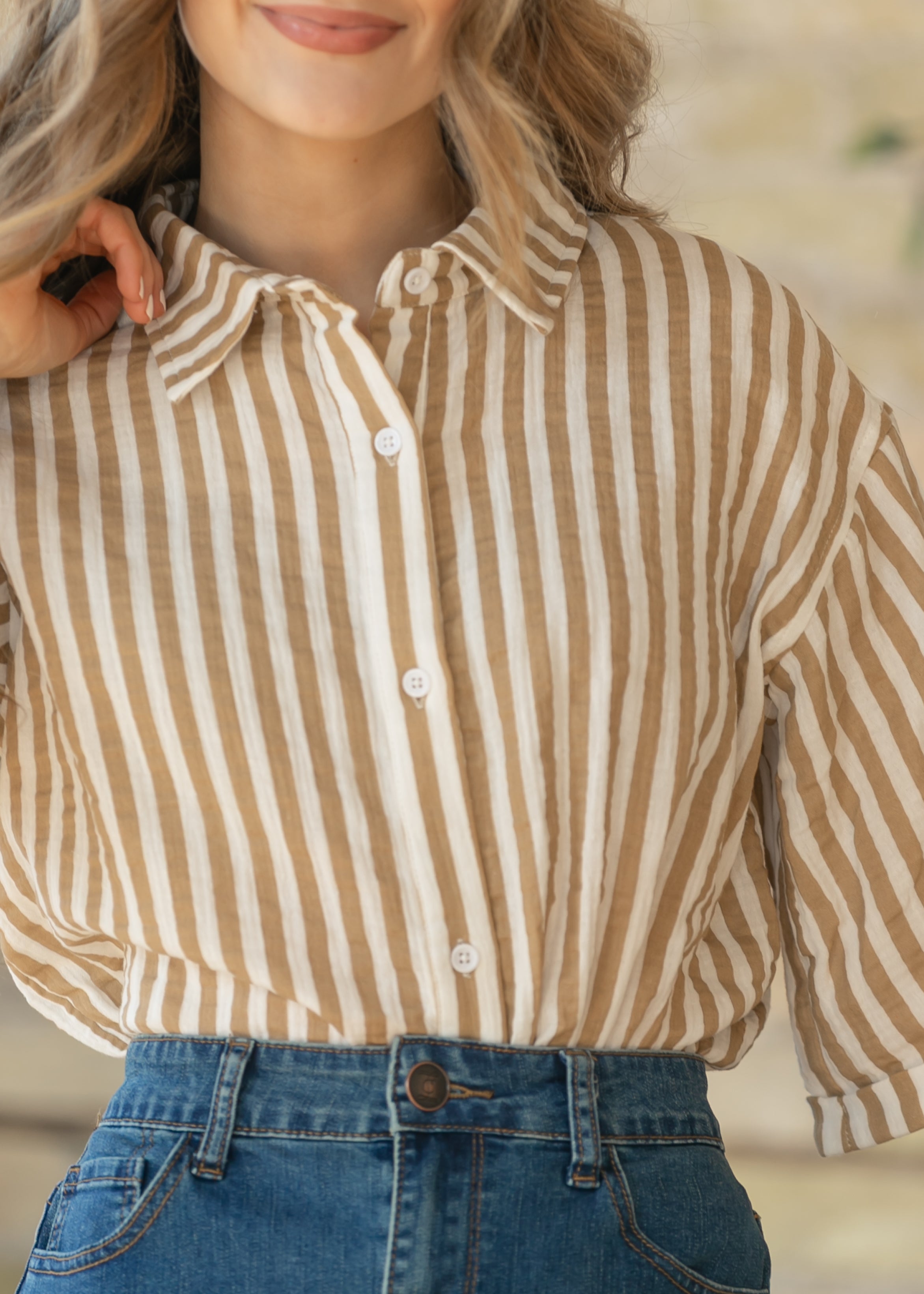 Marlaina Cotton Gauze Striped Button Up Top