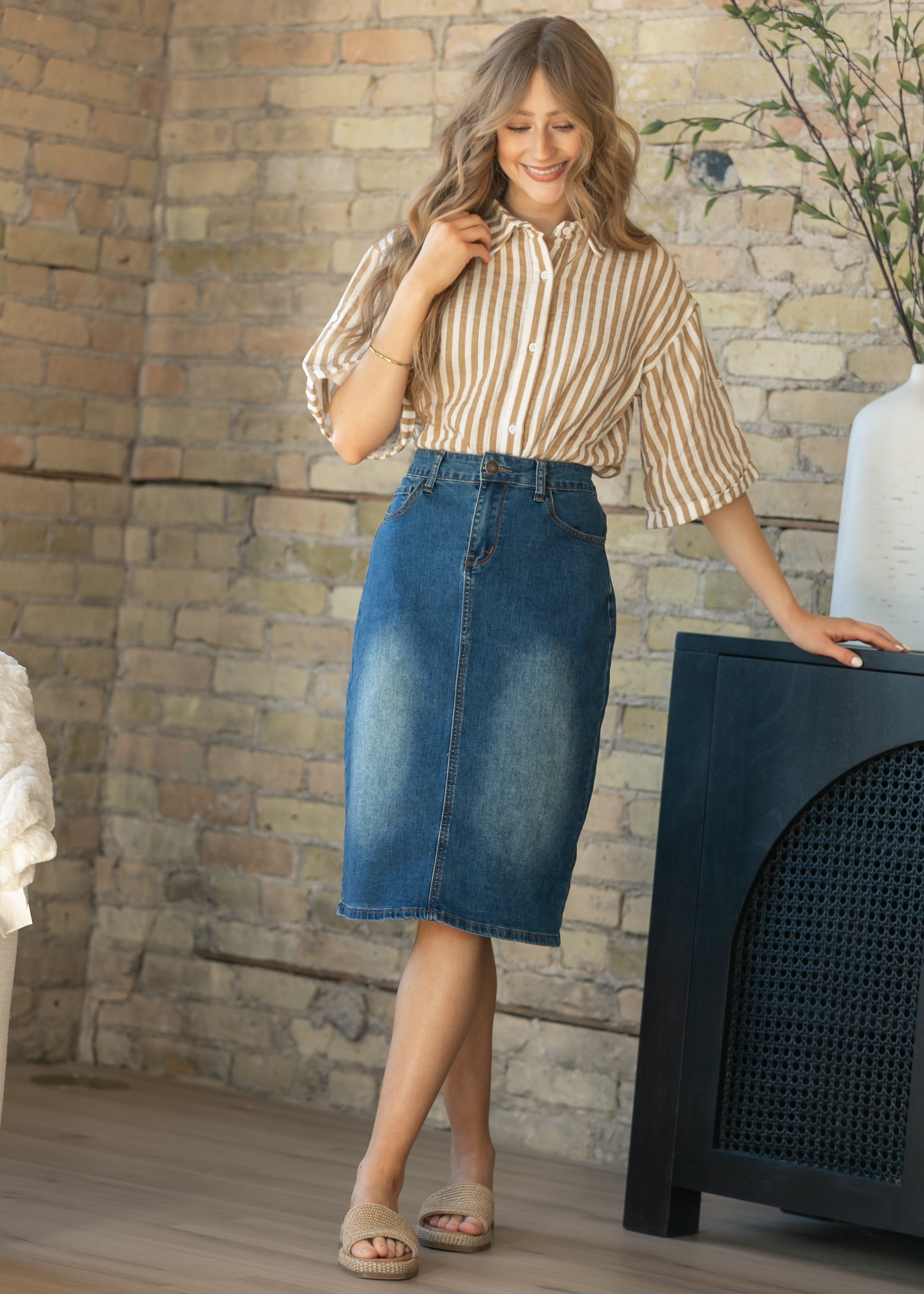 Marlaina Cotton Gauze Striped Button Up Top