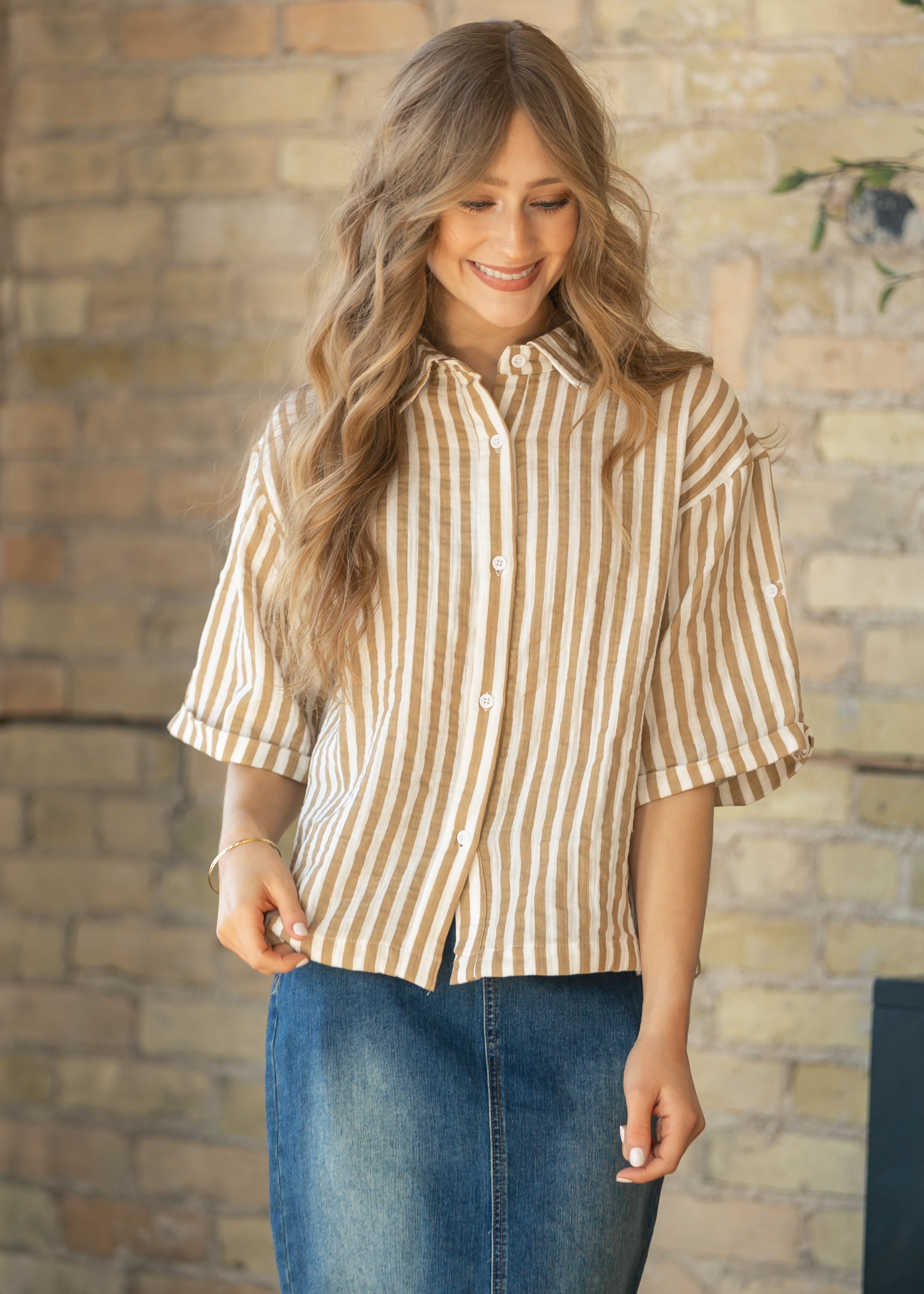 Marlaina Cotton Gauze Striped Button Up Top