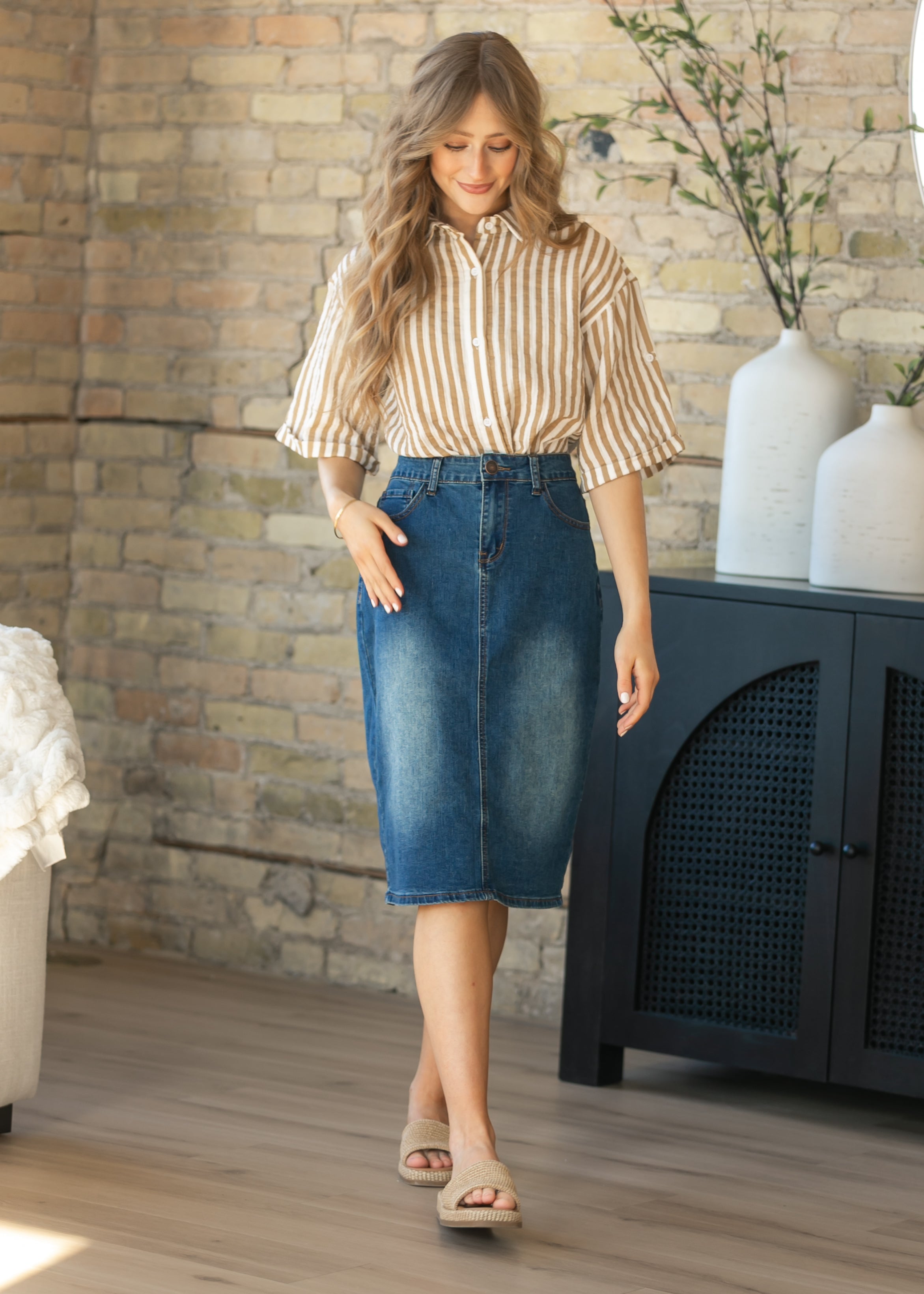 Marlaina Cotton Gauze Striped Button Up Top