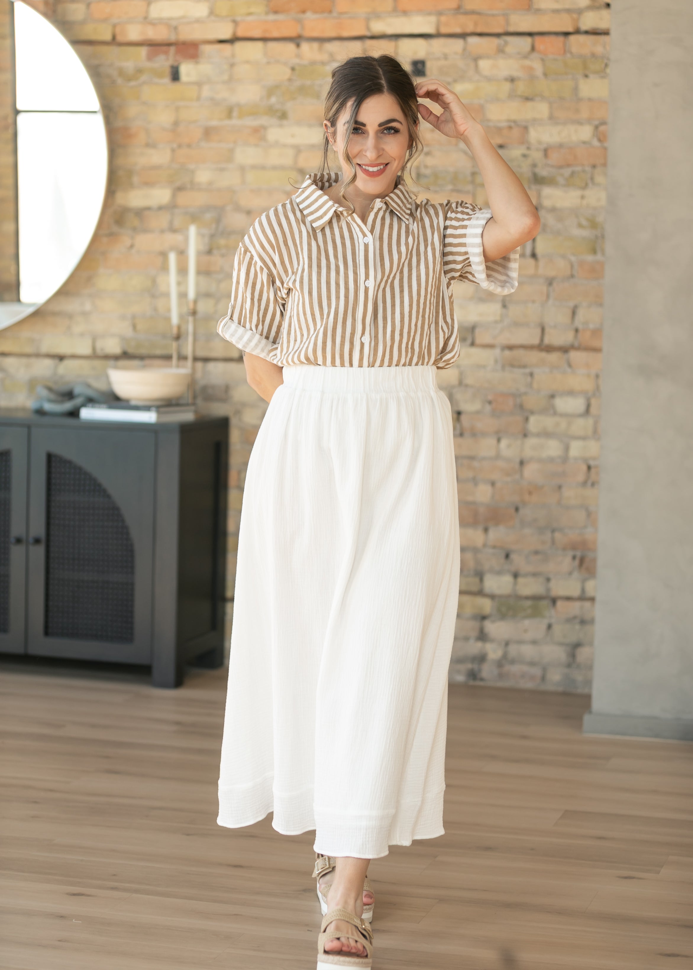 Marlaina Cotton Gauze Striped Button Up Top