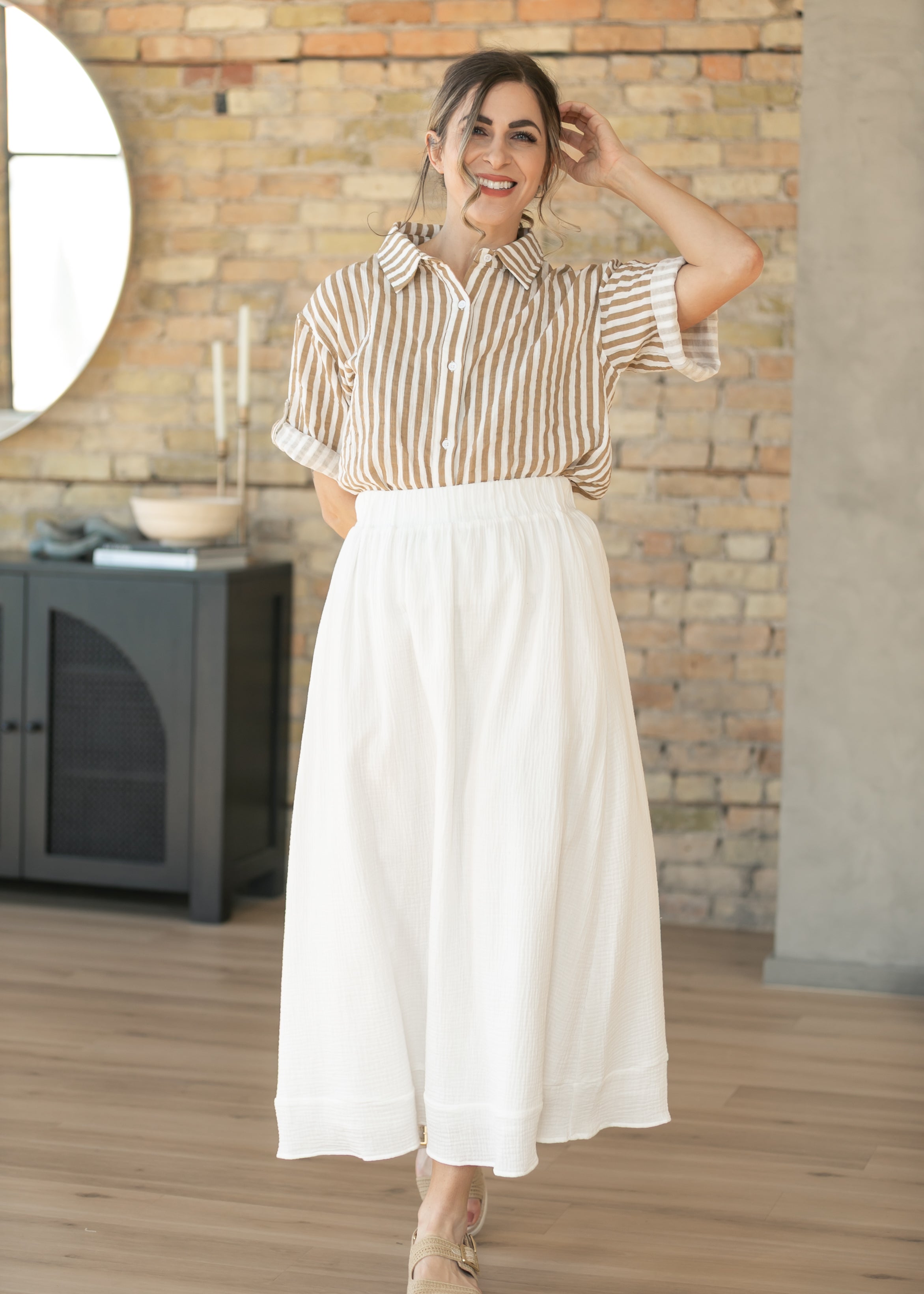 Marlaina Cotton Gauze Striped Button Up Top
