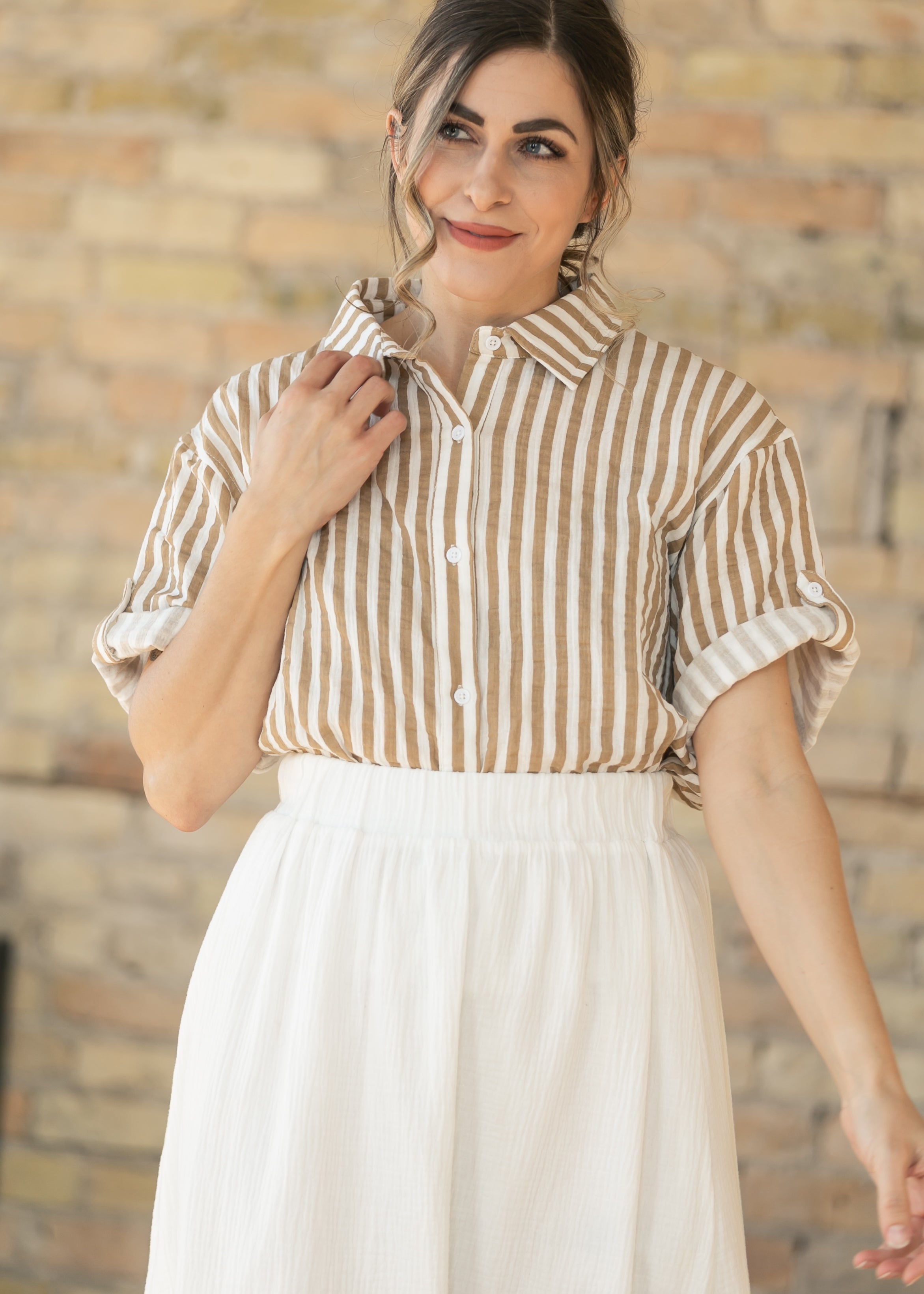 Marlaina Cotton Gauze Striped Button Up Top