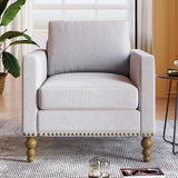 Marlow Beige Upholstered Accent Armchair with Square Arms and Bronze Nailhead Trim
