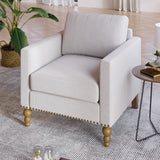 Marlow Beige Upholstered Accent Armchair with Square Arms and Bronze Nailhead Trim