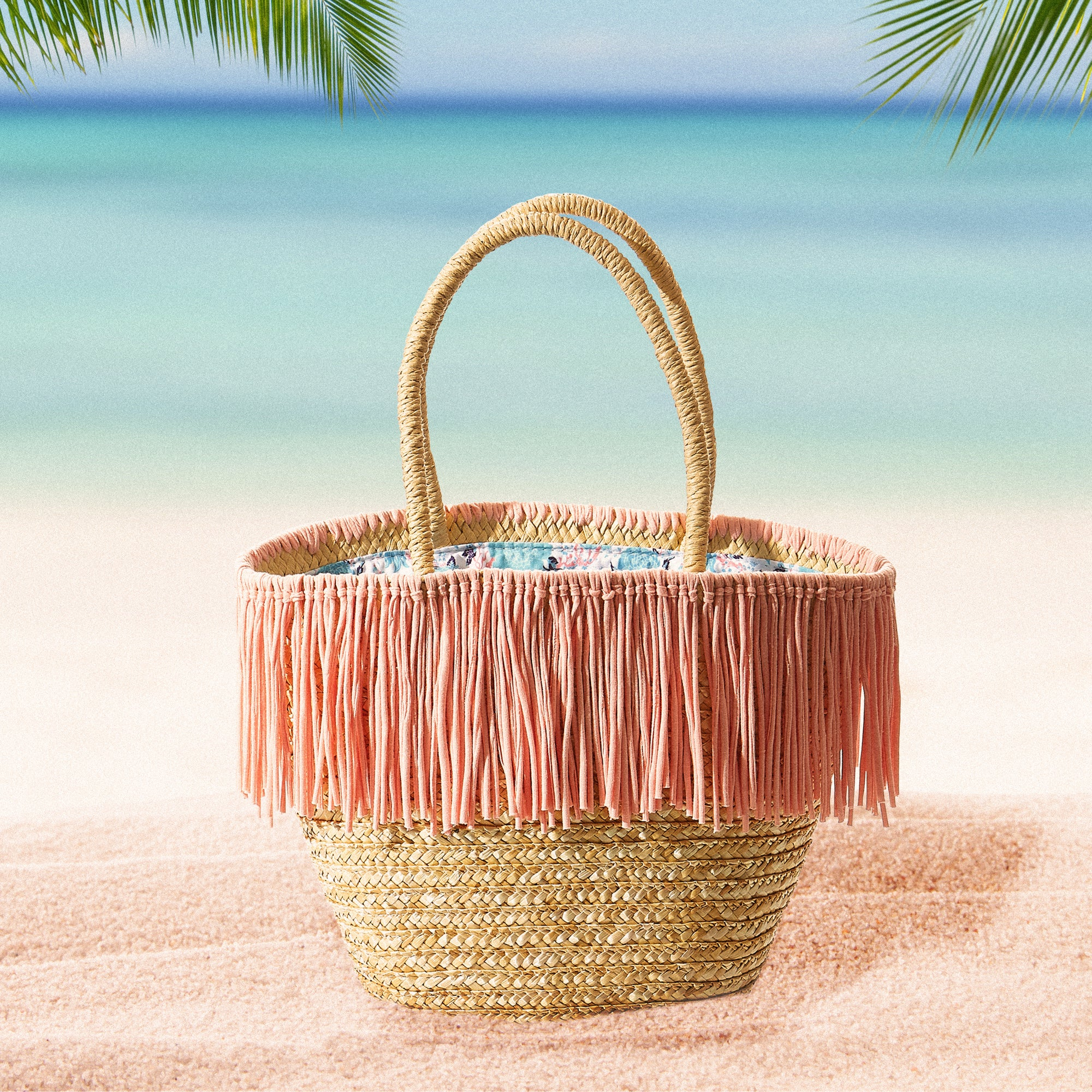 Maya Pink Fringe Cinch Top Straw Bag