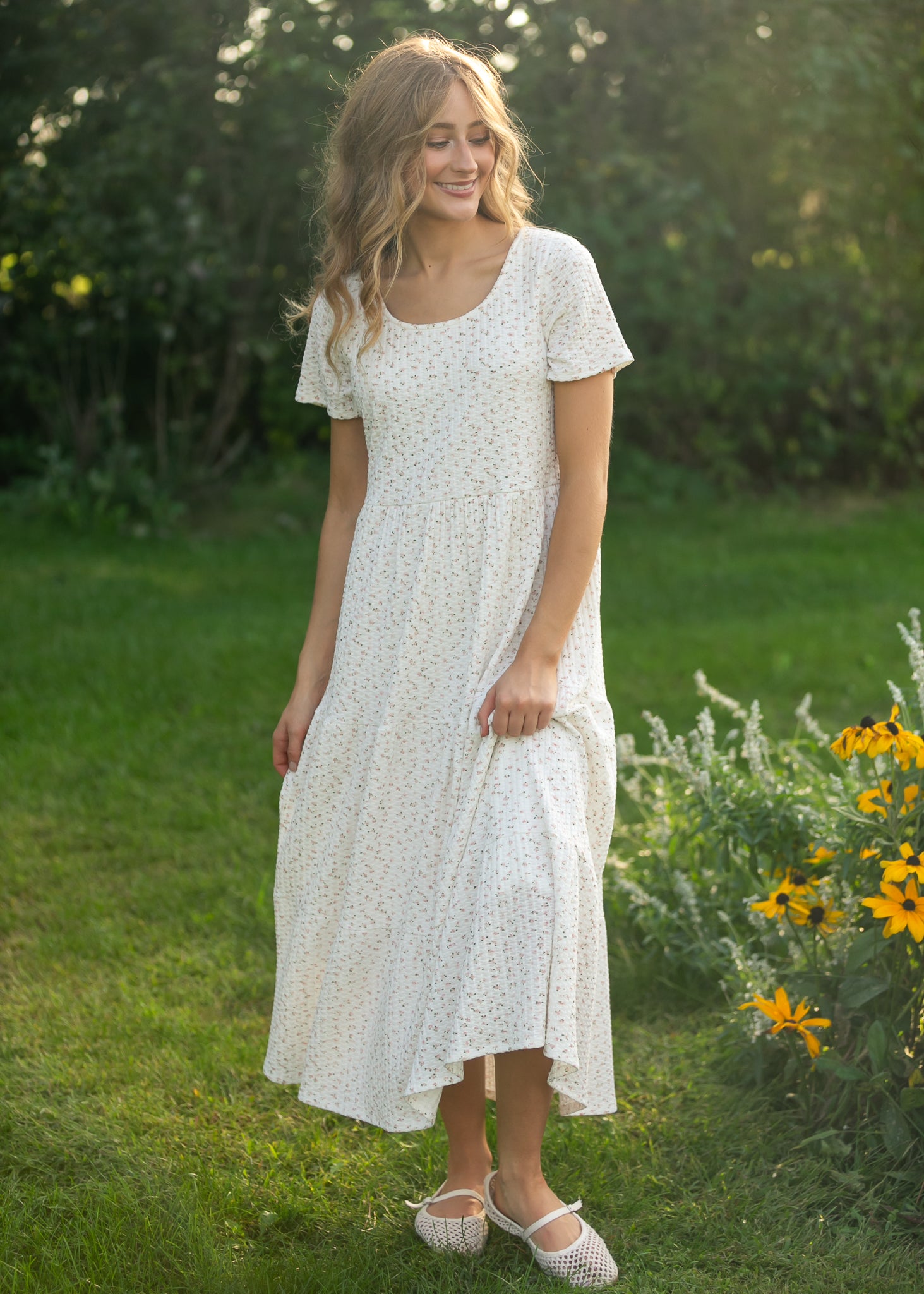 Melanie White Floral Tiered Midi Dress