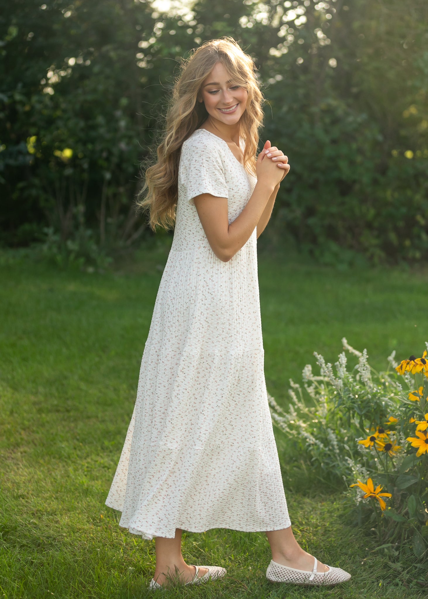 Melanie White Floral Tiered Midi Dress