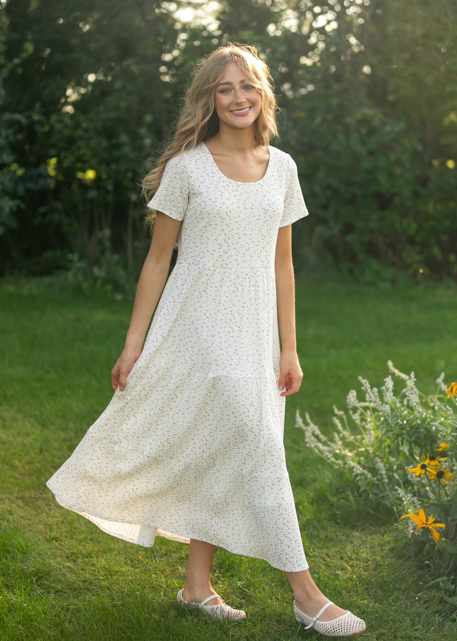 Melanie White Floral Tiered Midi Dress
